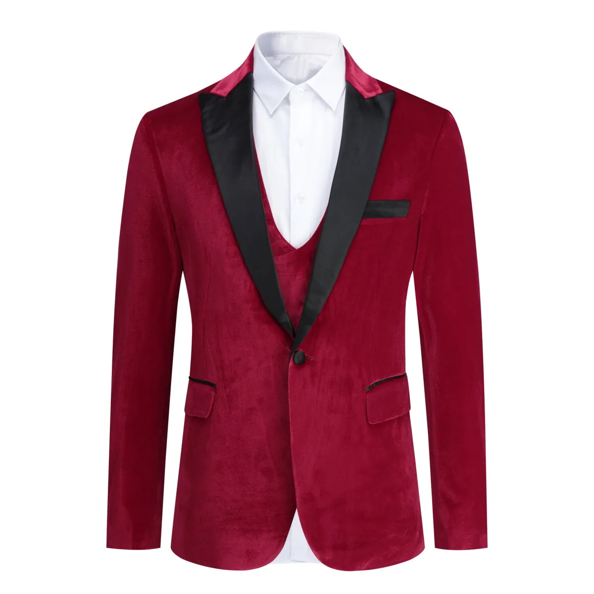 3-Piece Lapel One Button Velvet Tuxedo Suit Red