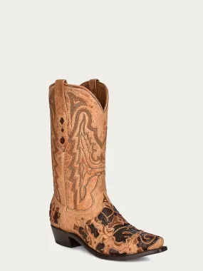 A4335 - MEN'S CHOCOLATE ALLIGATOR INLAY AND EMBROIDERY  SNIP TOE SAND COWBOY BOOT