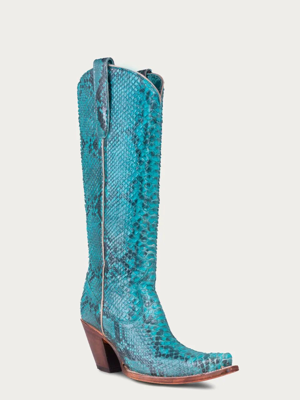 A4448 - WOMEN'S GENUINE FULL TURQUOISE PYTHON WITH GLITTER FINISH TALL TOP SNIP TOE COWBOY BOOT