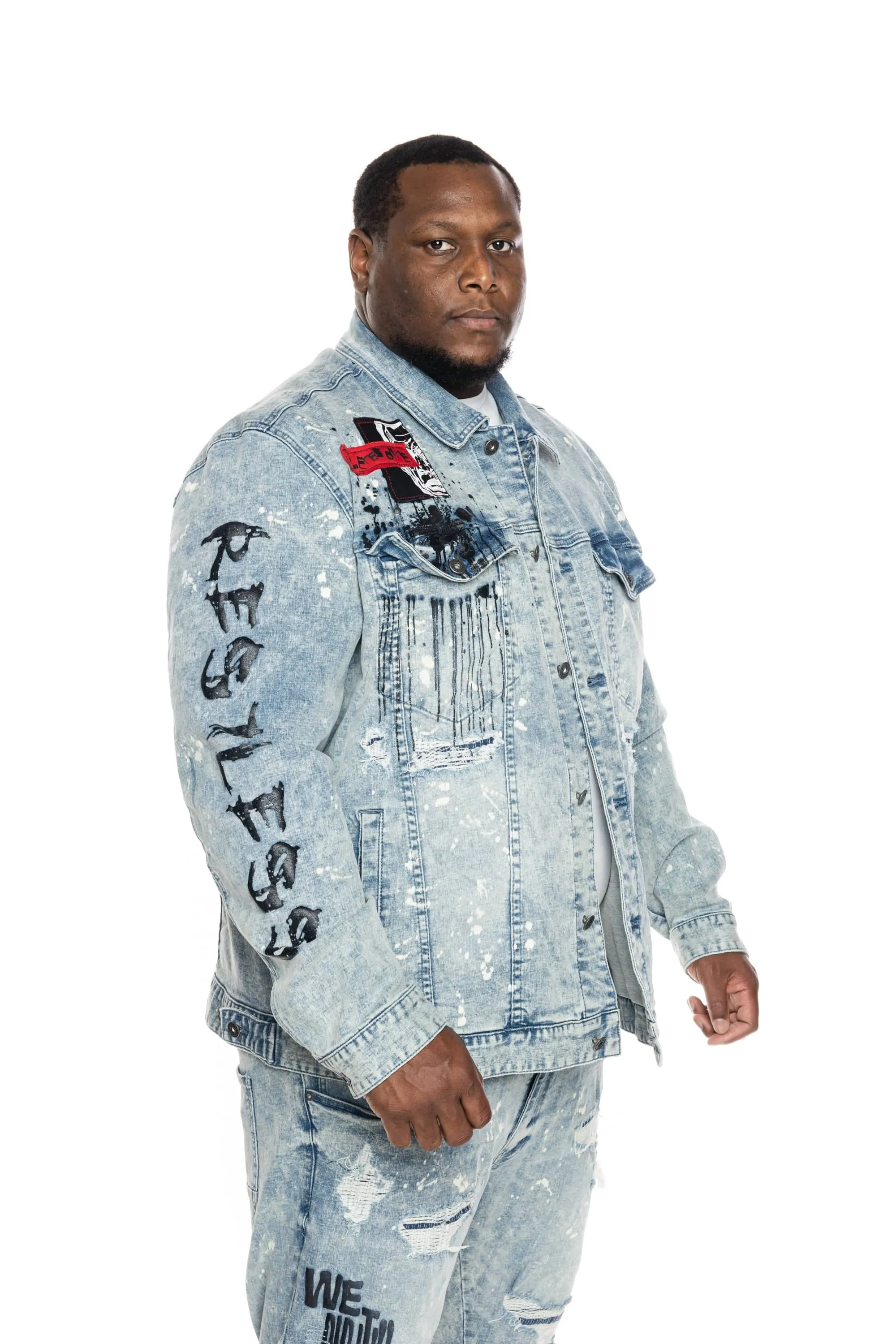 Big and Tall Graphic Patched Fashion Jean Jacket - Mizu Blue