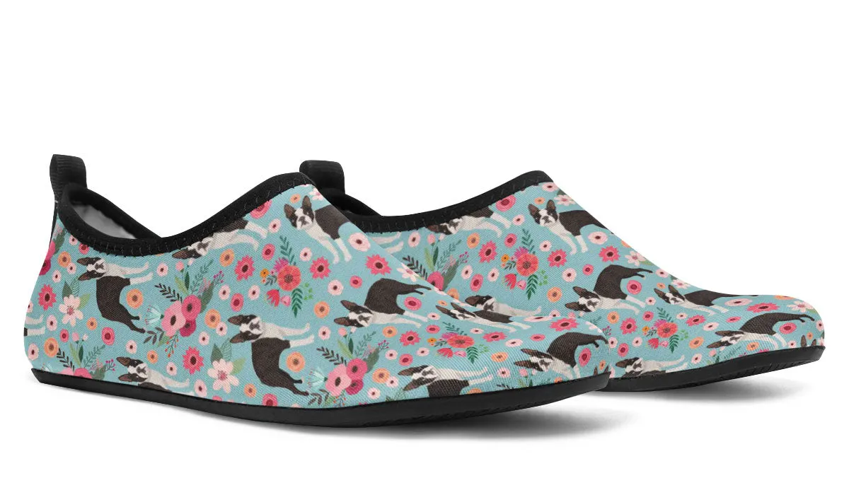 Boston Terrier Flower Aqua Barefoot Shoes