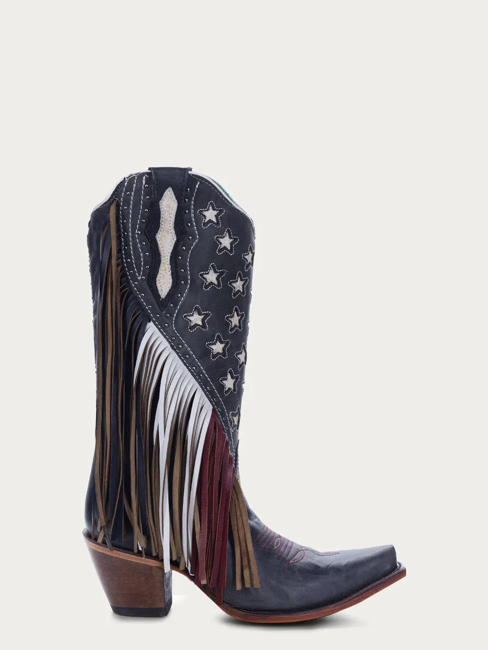 C3749 - WOMEN'S WHITE EMBROIDERY AND STARS INLAY WITH BROWN AND WHITE LAMB FRINGE NAVY BLUE SNIP TOE COWBOY BOOT