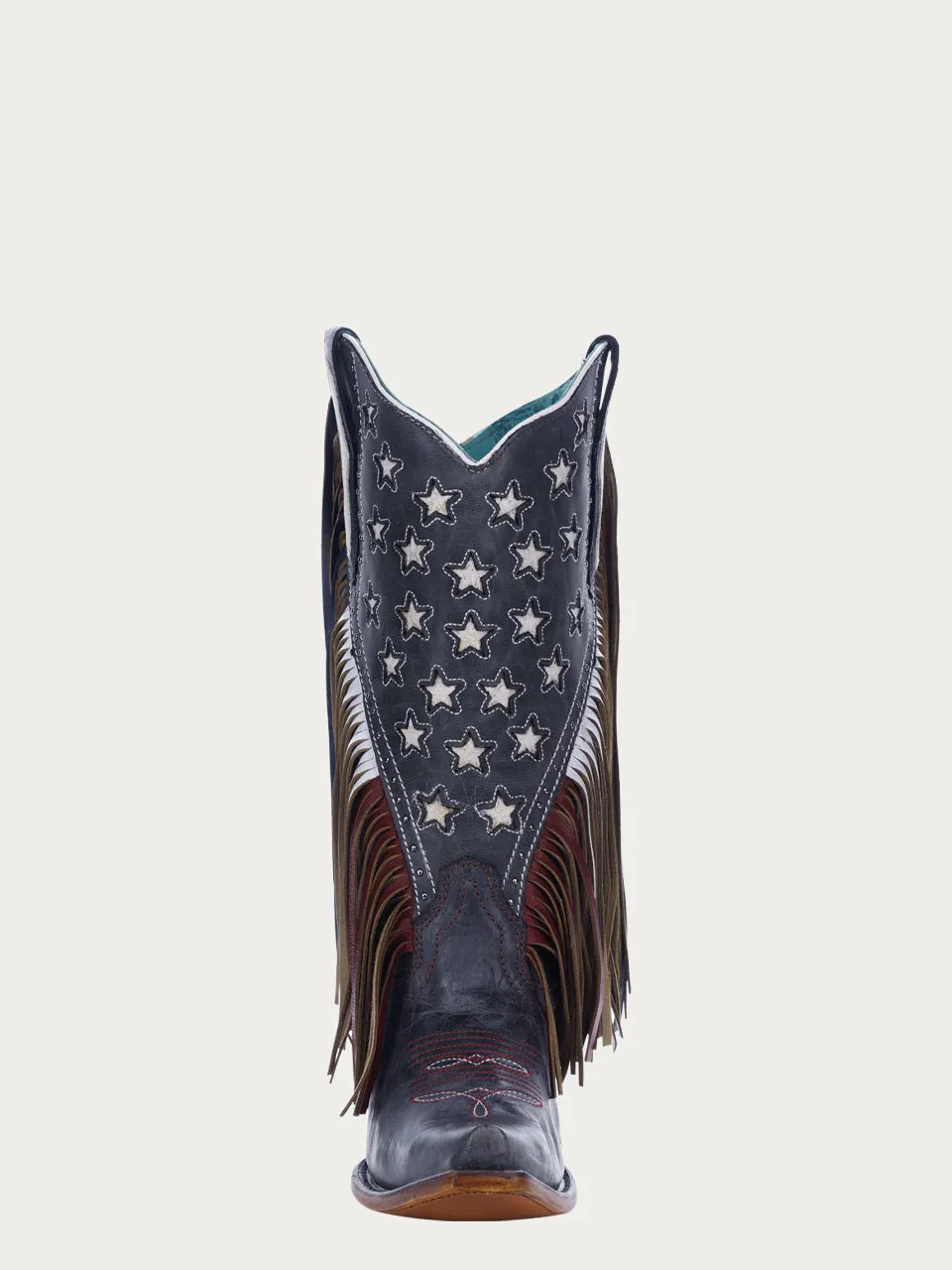 C3749 - WOMEN'S WHITE EMBROIDERY AND STARS INLAY WITH BROWN AND WHITE LAMB FRINGE NAVY BLUE SNIP TOE COWBOY BOOT