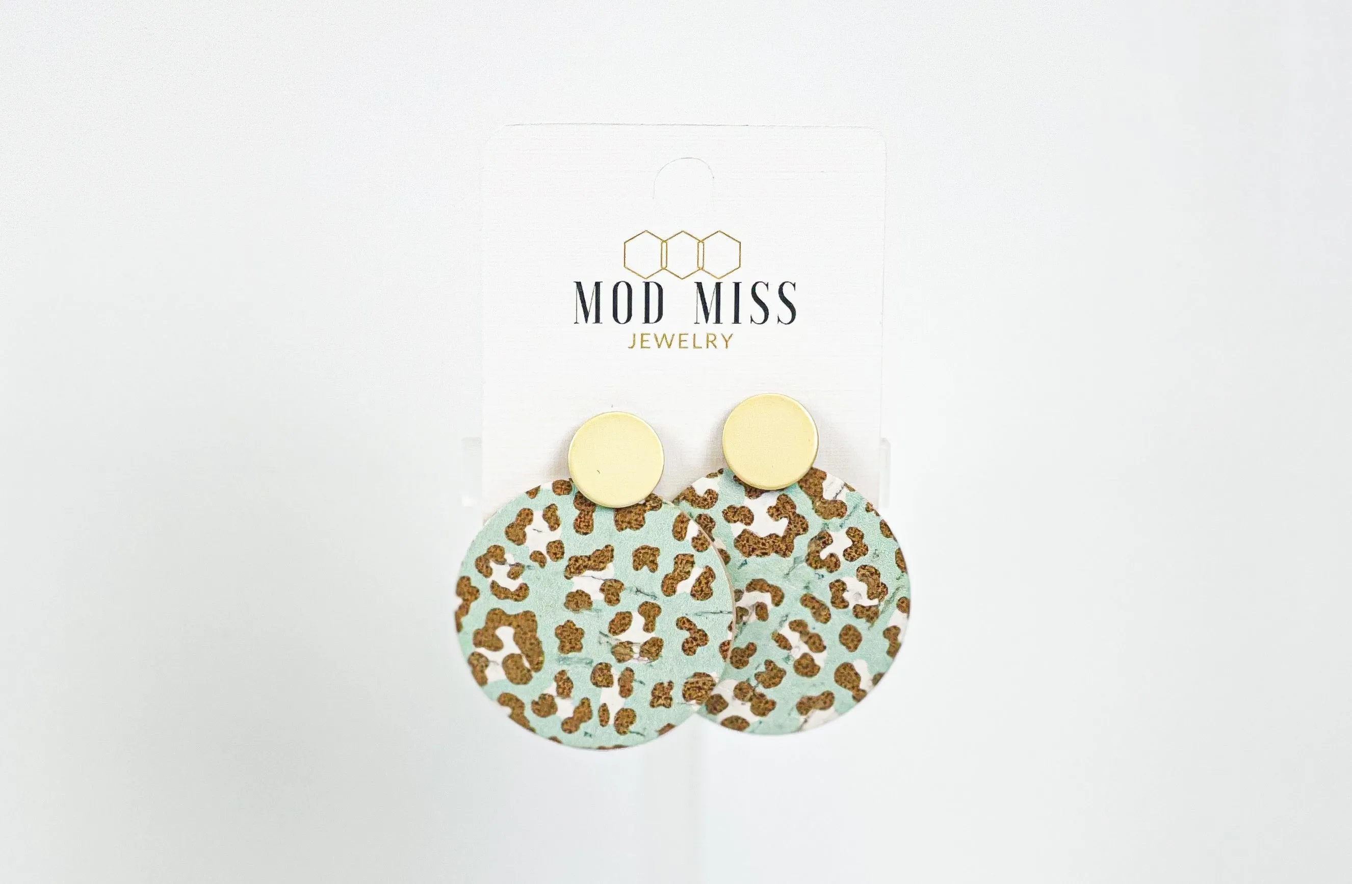 Cork Leather Round Earring Leopard Sea Green