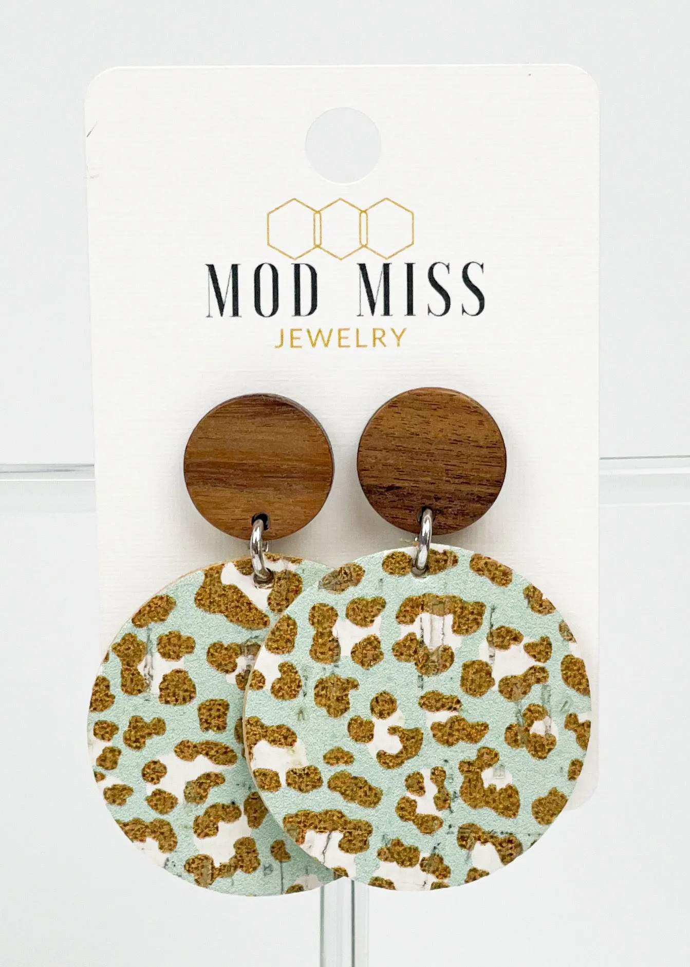 Cork Leather Round Earring Leopard Sea Green