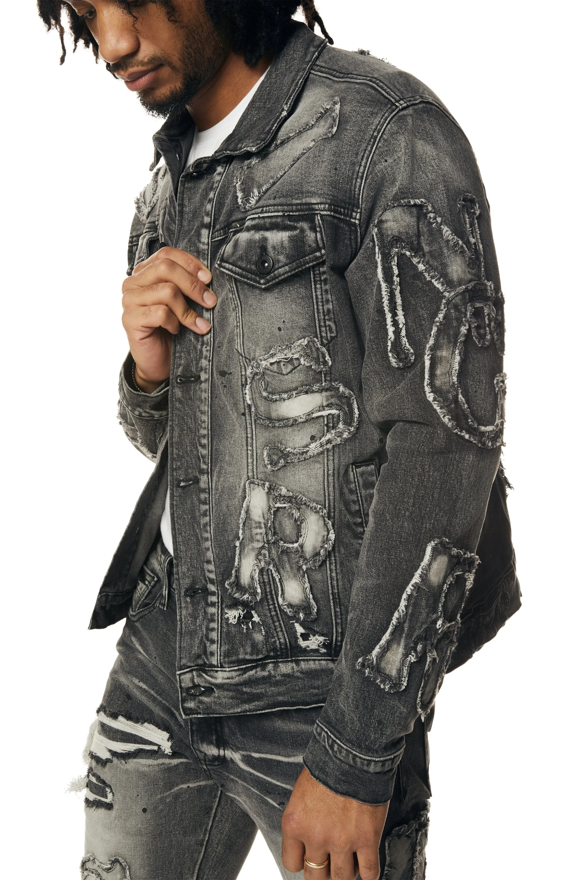 Cut & Sewn Rip Off Letter Applique Jean Jacket - Black Lava