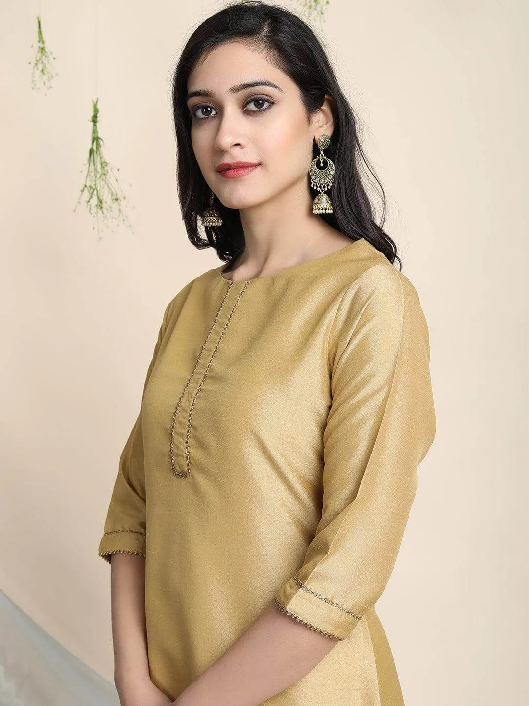 Gold Poly Silk Solid Kurta with Pant and Dupatta