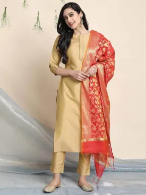 Gold Poly Silk Solid Kurta with Pant and Dupatta