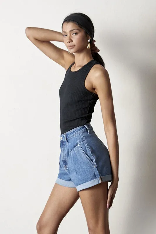 High Rise Roll Up Denim Shorts