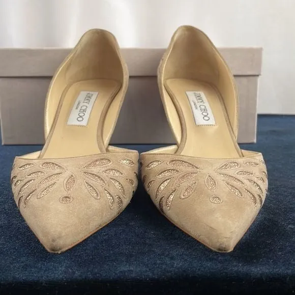 Jimmy ChooTan Suede With Gold Detail Pumps With Box