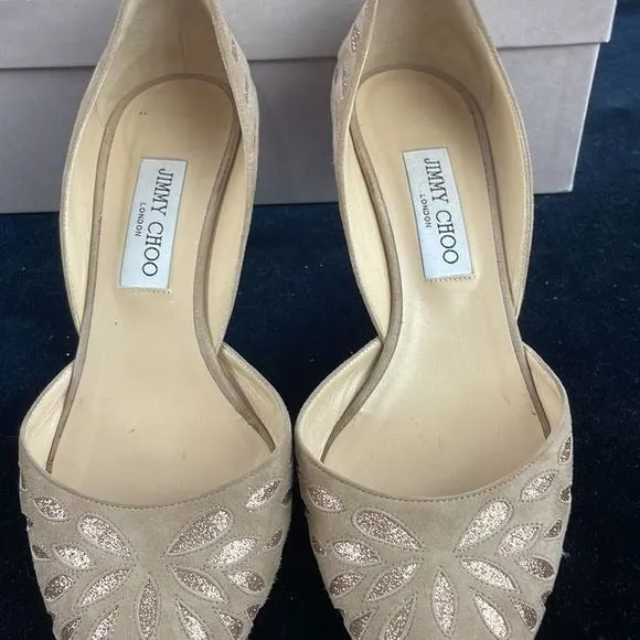 Jimmy ChooTan Suede With Gold Detail Pumps With Box