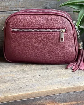 Leather Tassel Bag - Burgundy With Silver Finishings