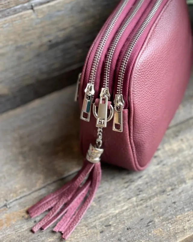 Leather Tassel Bag - Burgundy With Silver Finishings