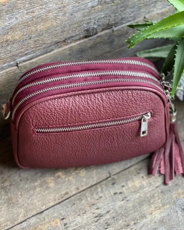 Leather Tassel Bag - Burgundy With Silver Finishings