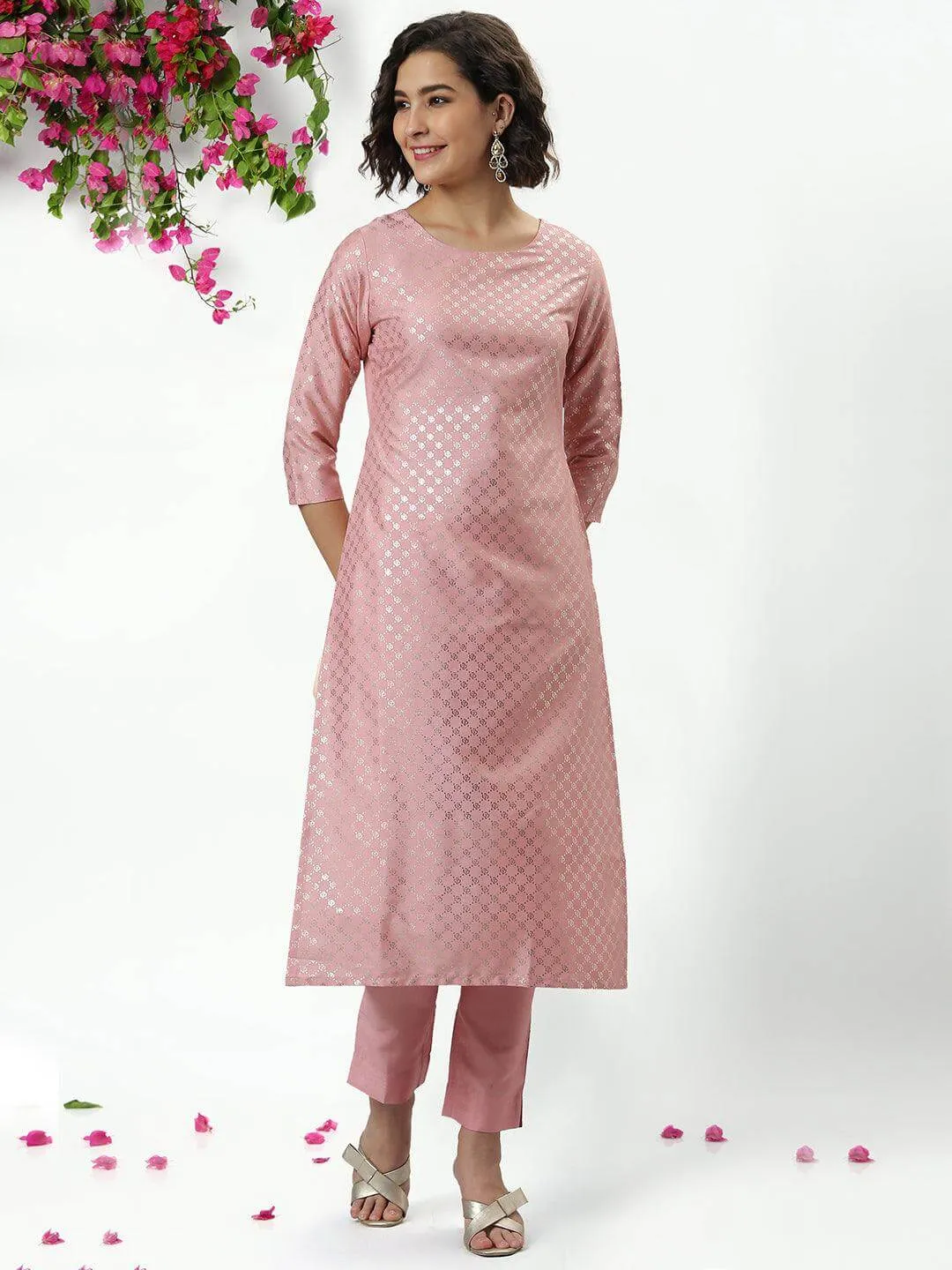 Light Pink Poly Silk Floral Print Kurta Pant Set