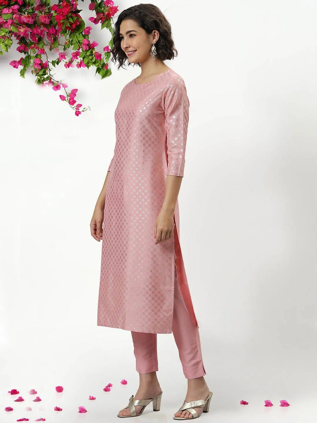 Light Pink Poly Silk Floral Print Kurta Pant Set