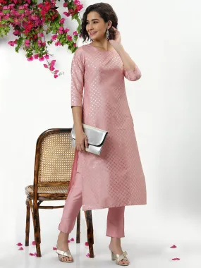 Light Pink Poly Silk Floral Print Kurta Pant Set