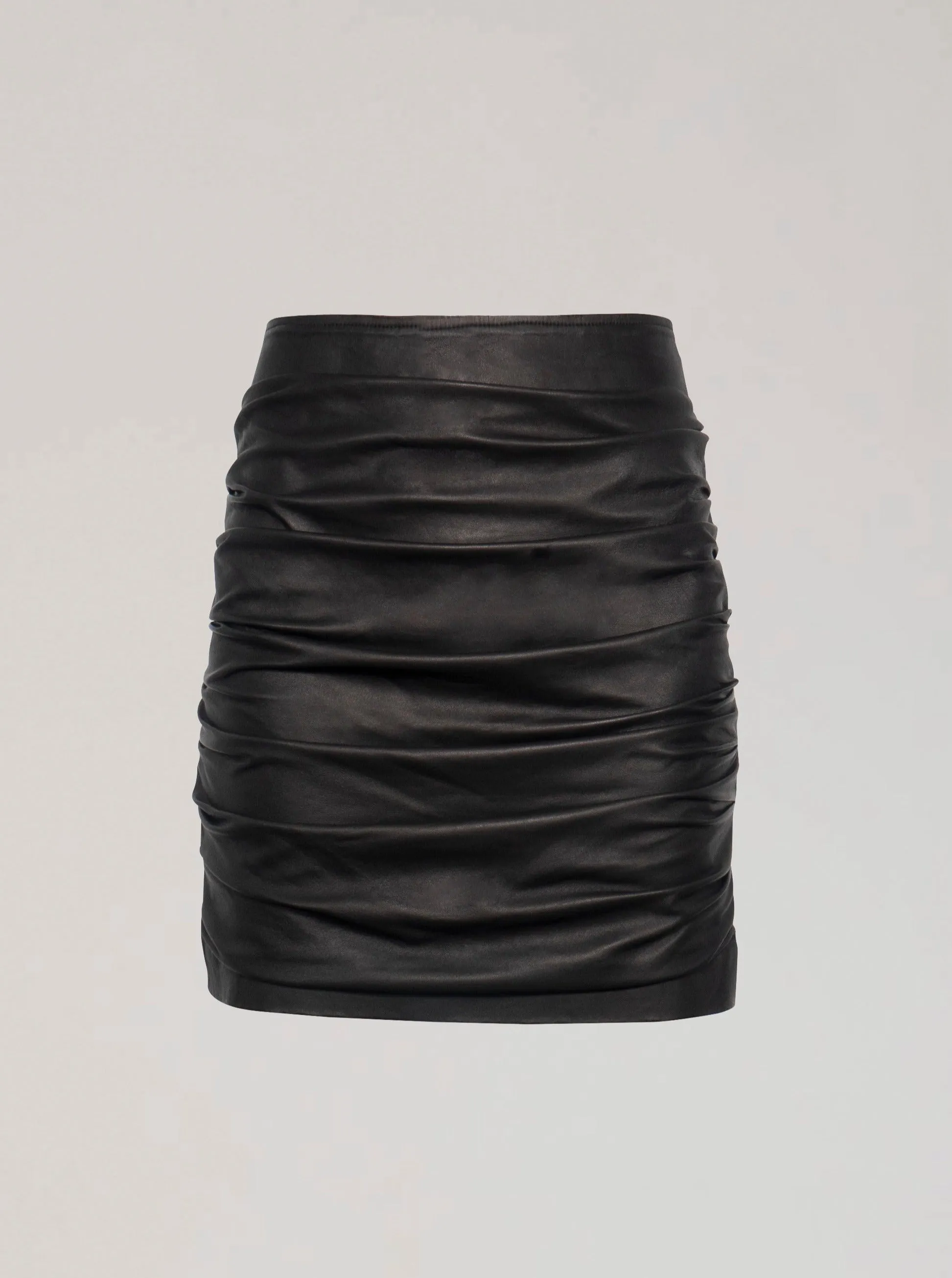 MADELINE ROUCHED LEATHER SKIRT - BLACK