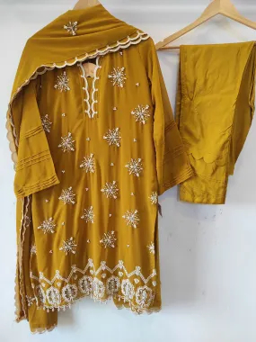 Mustard Yellow Pearlwork Kurta Set