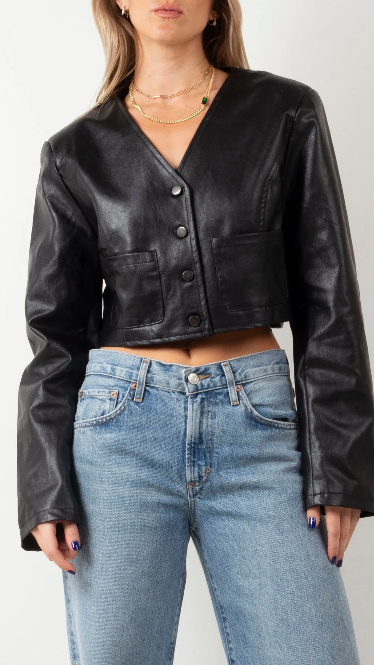 Raven Faux Leather Crop Button Down - Black