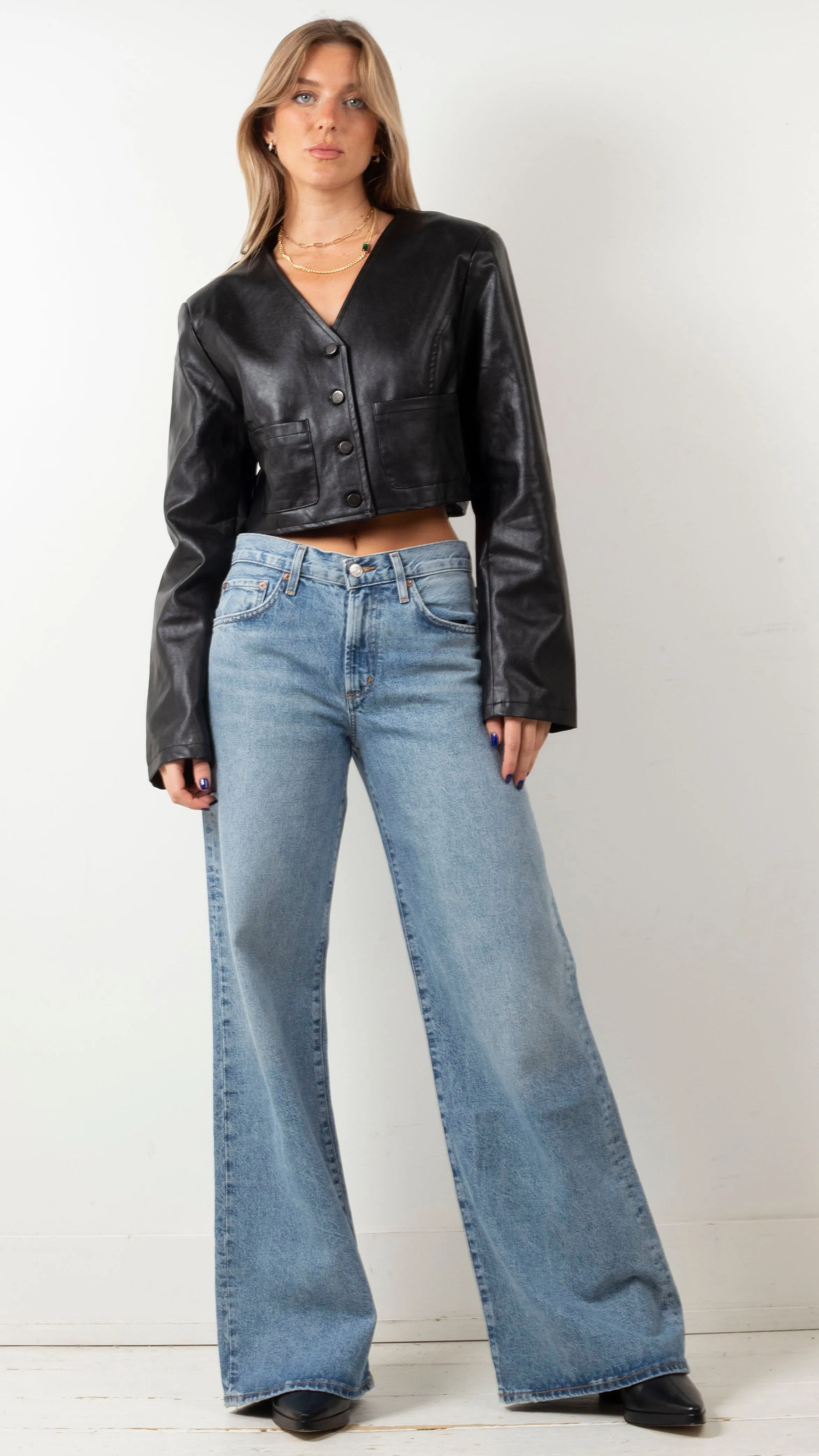 Raven Faux Leather Crop Button Down - Black