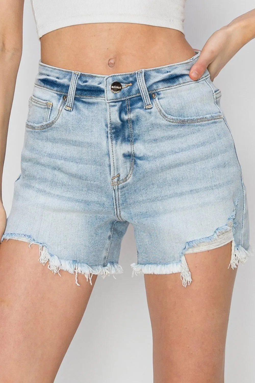 Risen High Waist Frayed Detail Denim Shorts