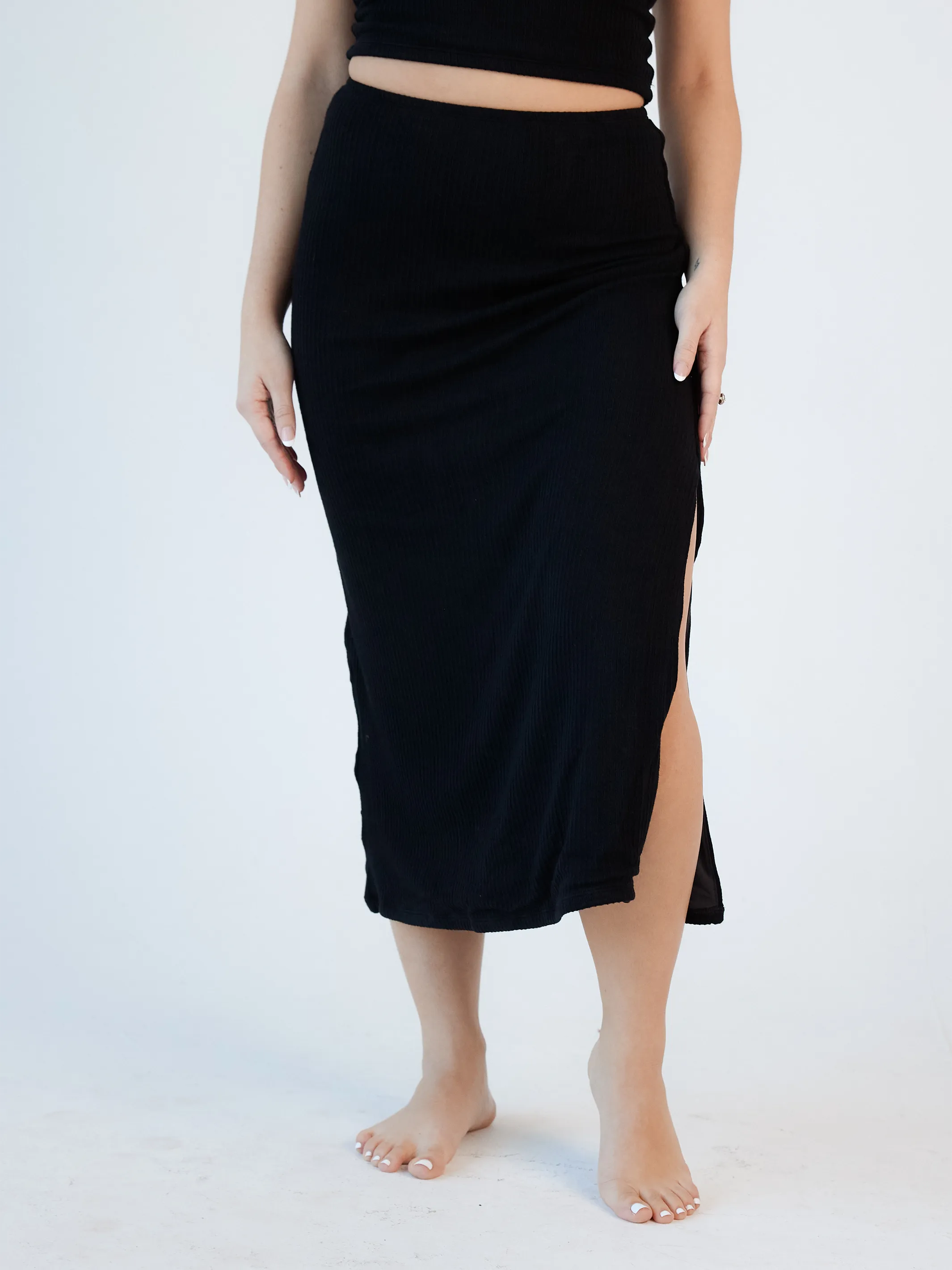 Soft Ribbed Knit Lounge Midi Skirt